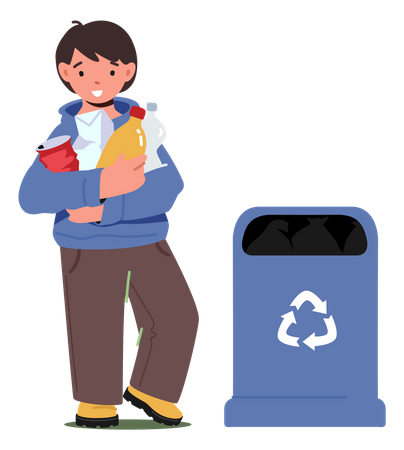 Little Boy Collect Trash And Holding Plastic Bottles Stand Near Recycling Bin  Illustration