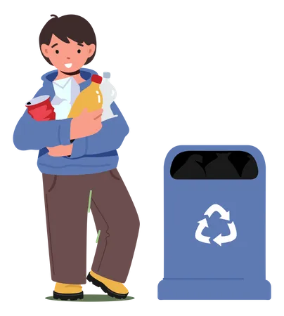 Little Boy Collect Trash And Holding Plastic Bottles Stand Near Recycling Bin  Illustration