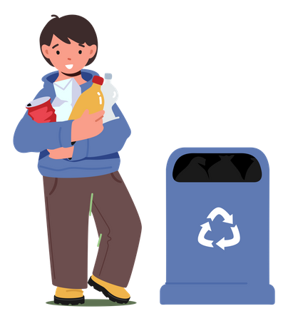Little Boy Collect Trash And Holding Plastic Bottles Stand Near Recycling Bin  Illustration