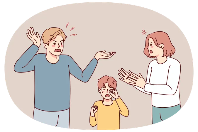 Little boy cry see parents argue  Illustration