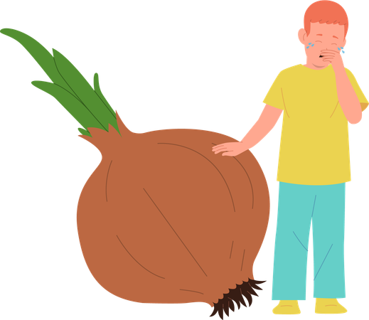 Little boy crying standing nearby onion  Illustration