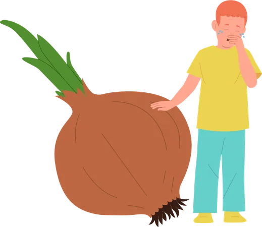 Little boy crying standing nearby onion  Illustration