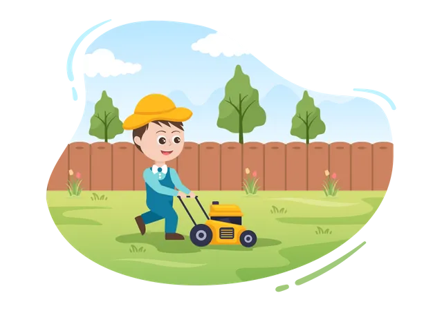 Lawn Mower Cutting Green Grass Trimming And Care On Page Or Garden In Flat Cute Cartoon Illustration Illustration