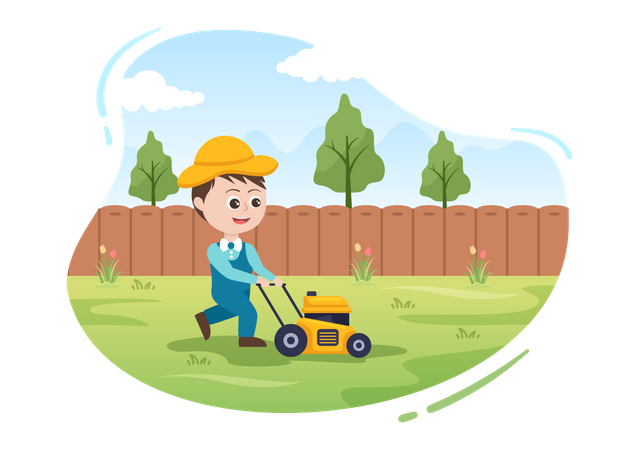 Little boy Cutting Green Grass  Illustration