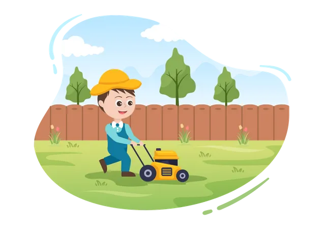 Little boy Cutting Green Grass  Illustration