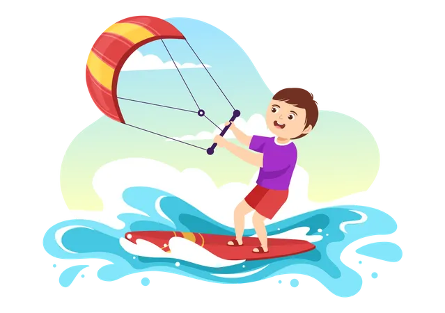 Kitesurfing Illustration With Kids Kite Surfer Standing On Kiteboard In The Summer Sea In Extreme Water Sports Flat Cartoon Hand Drawn Template Illustration