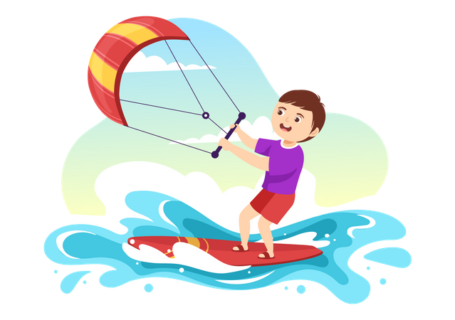 Little Boy Doing Kitesurfing  Illustration