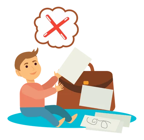 Little Boy Draws On Documents Of His Father Child Spoils Work Papers And Says No Negative Answer Kid Drawing On Paper Next To Briefcase Of Adult Man Person Near Red Cross Sticker In Speech Bubble Illustration