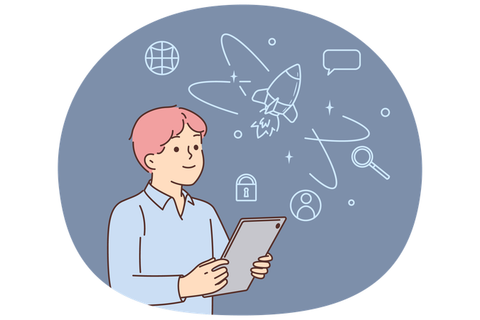 Little boy dreams of flying into space on rocket and holds electronic tablet in hands  Illustration