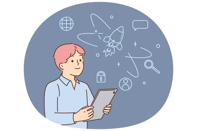 Little boy dreams of flying into space on rocket and holds electronic tablet in hands  Illustration