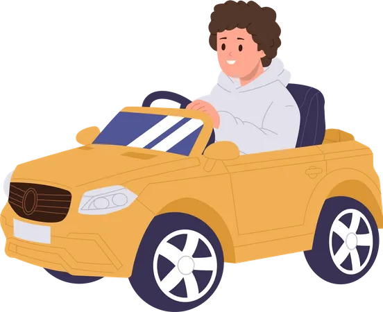 Little Boy Child Cartoon Preschooler Character Driving Big Toy Car Isolated On White Background Home Or Kindergarten Leisure Activity For Children Vector Illustration Funny Time And Happy Childhood Illustration