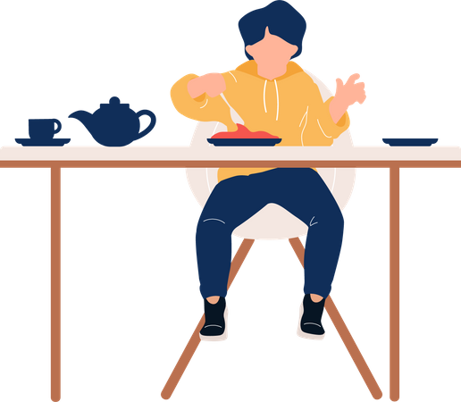 Little boy eating breakfast at table Illustration