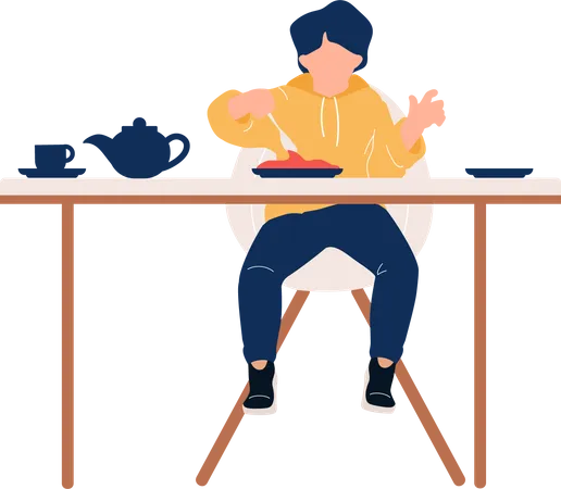 Little boy eating breakfast at table Illustration