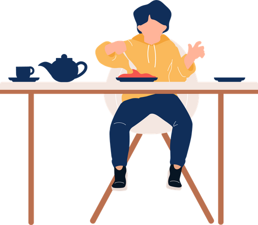 Little boy eating breakfast at table  Illustration