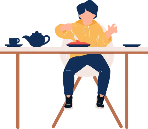 Little boy eating breakfast at table  Illustration