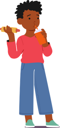 Little Boy eating Hot Dog And Soda Drink  Illustration