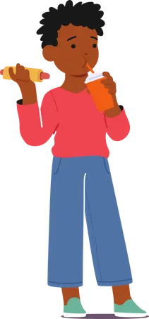 Little Boy eating Hot Dog And Soda Drink  Illustration