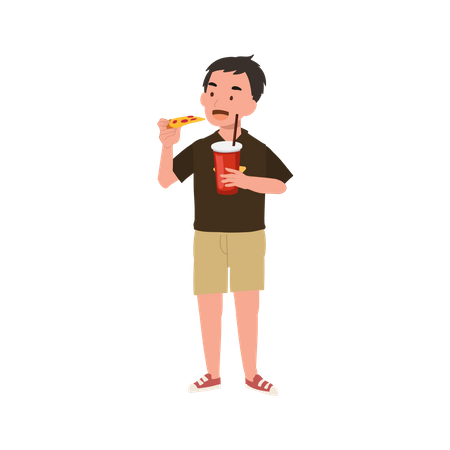 Little boy eating pizza and holding a glass of soft drink  Illustration