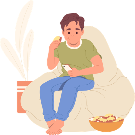 Little boy eating sweet unhealthy food sitting in armchair using smartphone  Illustration