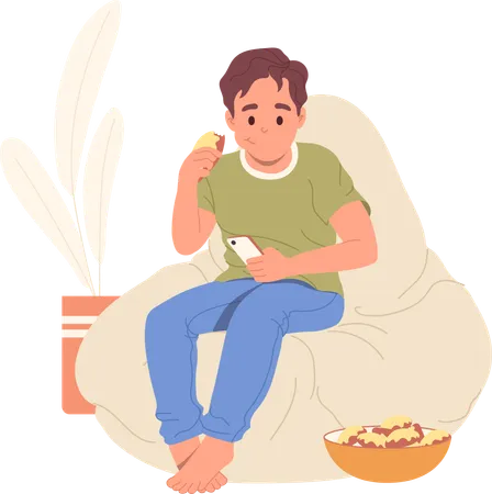 Little boy eating sweet unhealthy food sitting in armchair using smartphone  Illustration