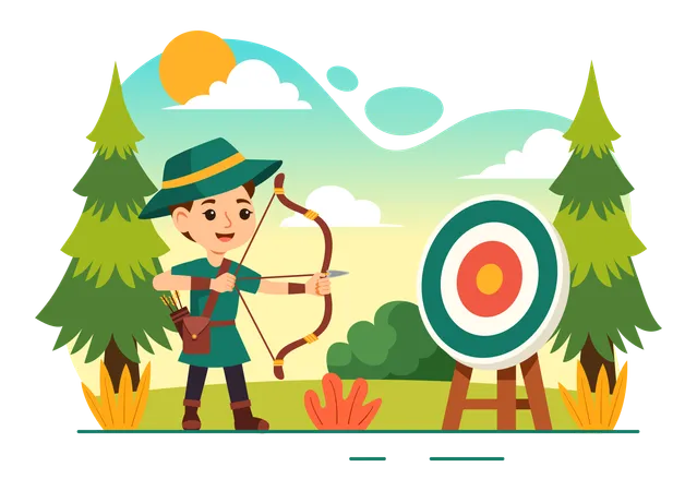 Vector Illustration Of Archery Sport With A Bow And Arrow Aiming At A Target Depicting An Outdoor Recreational Activity In A Flat Cartoon Background Illustration