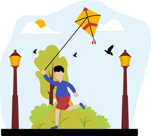 Little boy flying kite Illustration