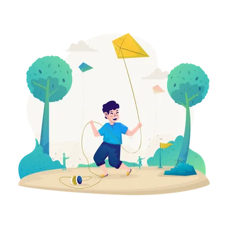 Happy Boy Playing Kite Flat Illustration Design Illustration