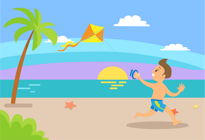 Little boy flying kite at beach  Illustration
