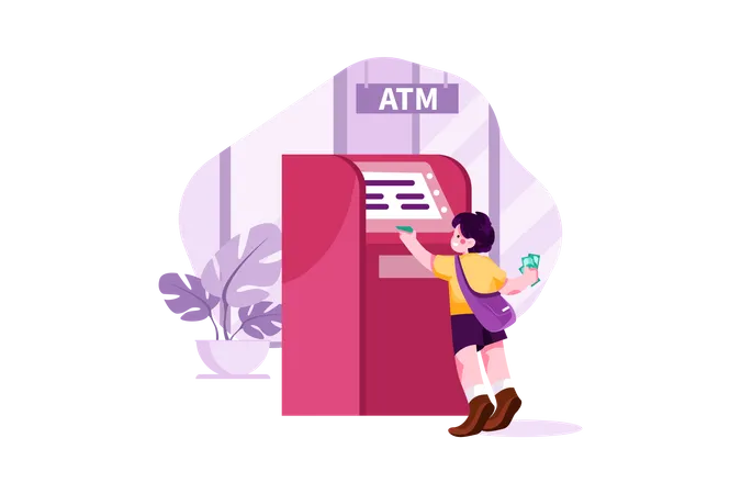 Little boy getting money from ATM  Illustration