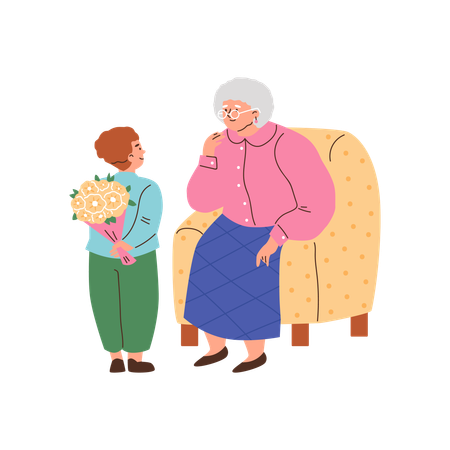 Little boy giving flower bouquet to grandma  Illustration