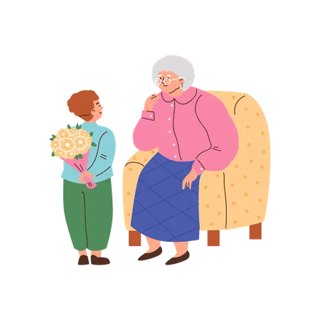 Little boy giving flower bouquet to grandma  Illustration