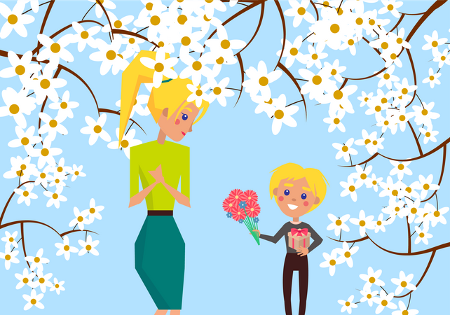 Little boy giving flower bouquet to his mother  Illustration