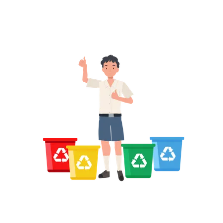 Little boy giving thumb up while explaining about color of recycle bin  Illustration