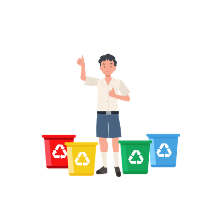 Little boy giving thumb up while explaining about color of recycle bin  Illustration