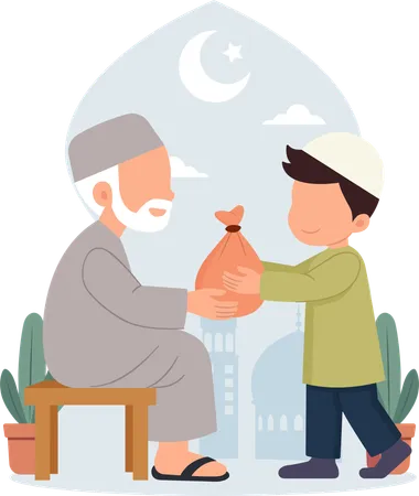 Little boy giving zakat donation and charity  Illustration