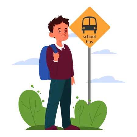 School Boy Schedule Concept Little Boy Going To School Young Male Character Waiting For School Bus Isolated Vector Illustration In Cartoon Style Illustration