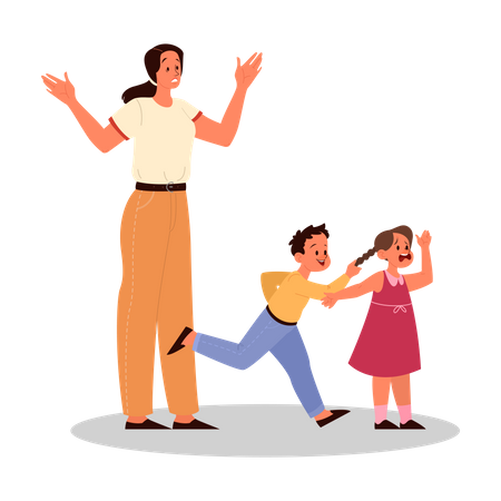 Little boy grabbing and pulling girl's braid  イラスト