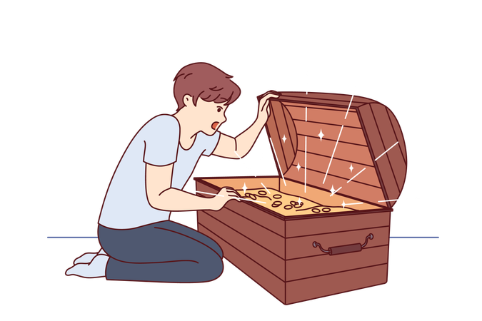 Little boy has found treasure with gold coins and joyfully opens mouth seeing contents of chest  Illustration