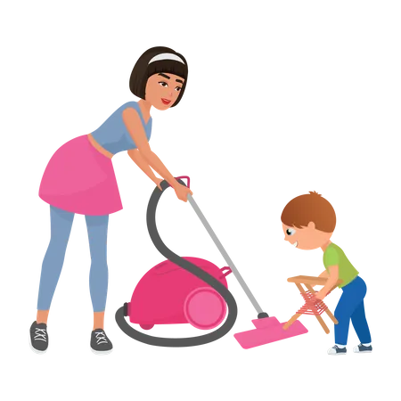 Little boy helping his mother to cleaning home  Illustration