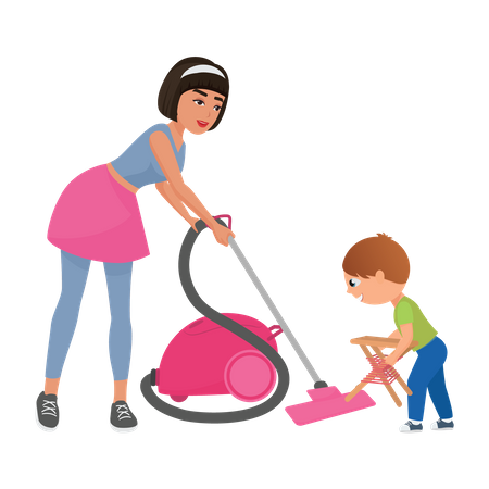 Little boy helping his mother to cleaning home  Illustration