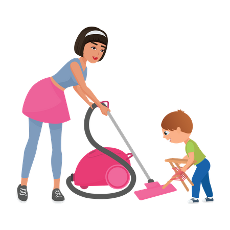 Little boy helping his mother to cleaning home  일러스트레이션