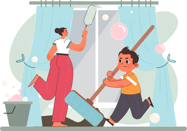 Little boy helping mom for cleaning window  Illustration
