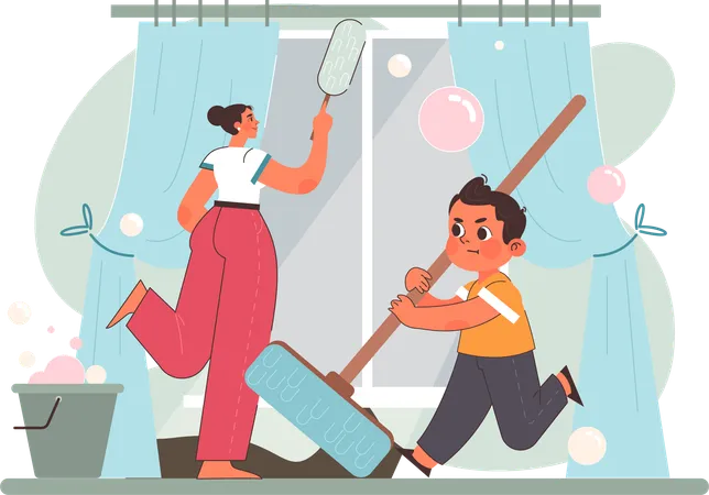 Little boy helping mom for cleaning window  Illustration