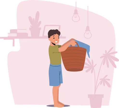 Little Boy Holding Basket with Linen Ready for Washing in Laundry  Illustration