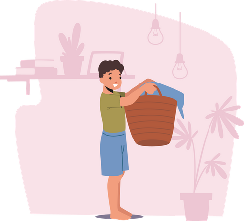 Little Boy Holding Basket with Linen Ready for Washing in Laundry  일러스트레이션