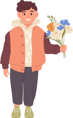 Cute Smiling Little Boy Character Holding Blooming Bouquet Of Flowers In Hand Standing Isolated On White Background Happy Male Kid Expressing Positive Emotion And Get Ready For Congratulations Illustration