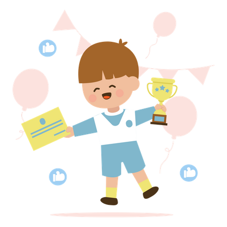 Little boy holding certificate and golden trophy  Illustration