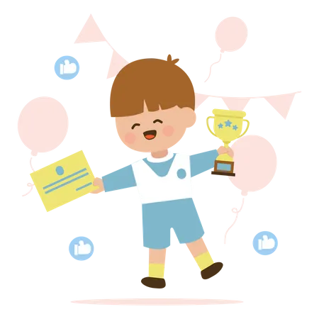 Little boy holding certificate and golden trophy  Illustration