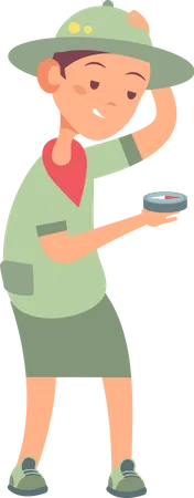 Little boy holding compass in scout uniform Illustration