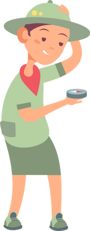 Little boy holding compass in scout uniform  Illustration